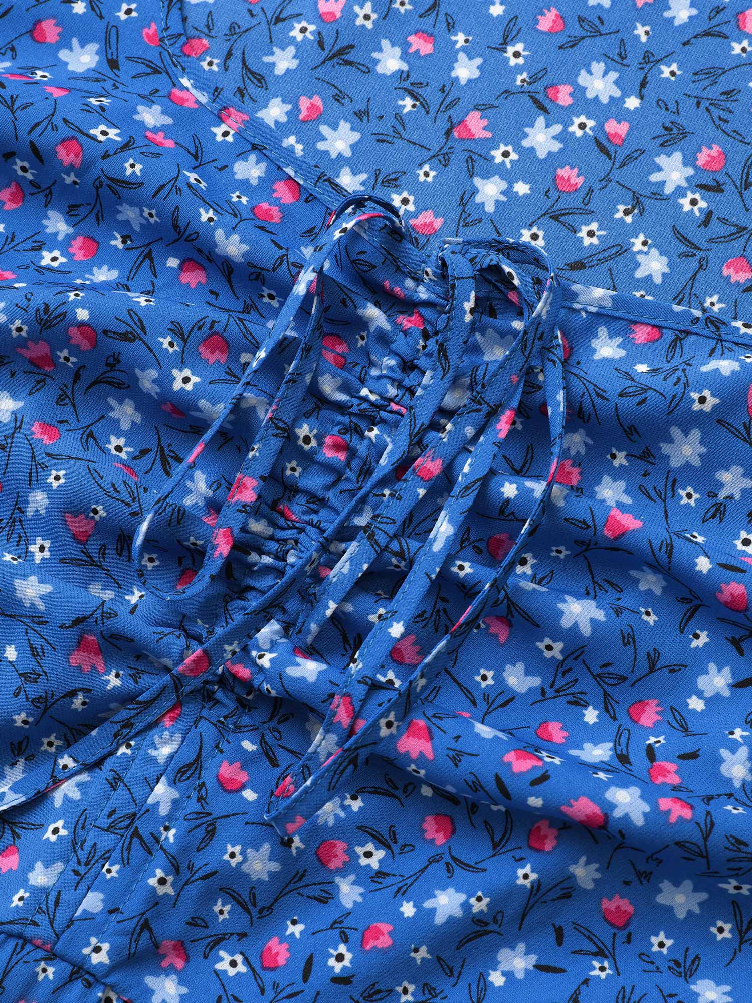 Ditsy Floral Drawstring Shirred Cuffs Dress - Image 5