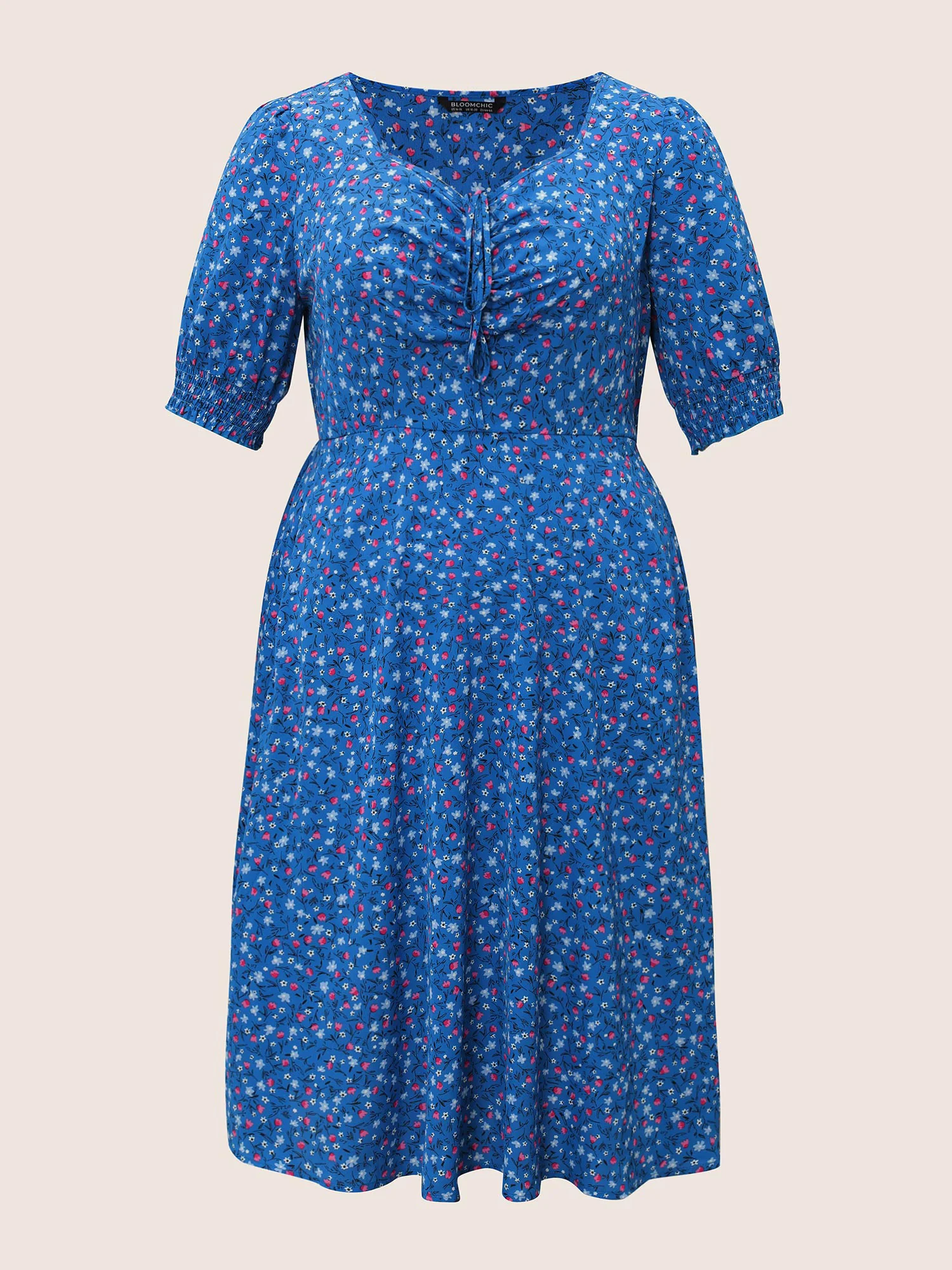Ditsy Floral Drawstring Shirred Cuffs Dress - Image 7