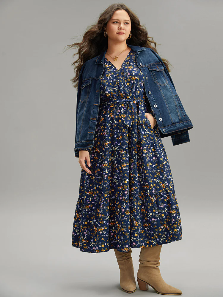 Ditsy Floral Elastic Cuffs Surplice Neck Dress - Image 2