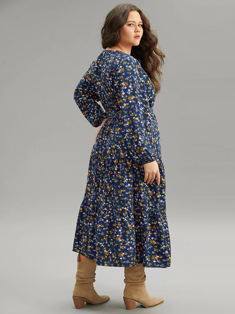Ditsy Floral Elastic Cuffs Surplice Neck Dress - Image 3