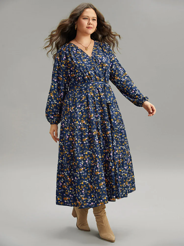 Ditsy Floral Elastic Cuffs Surplice Neck Dress - Image 4