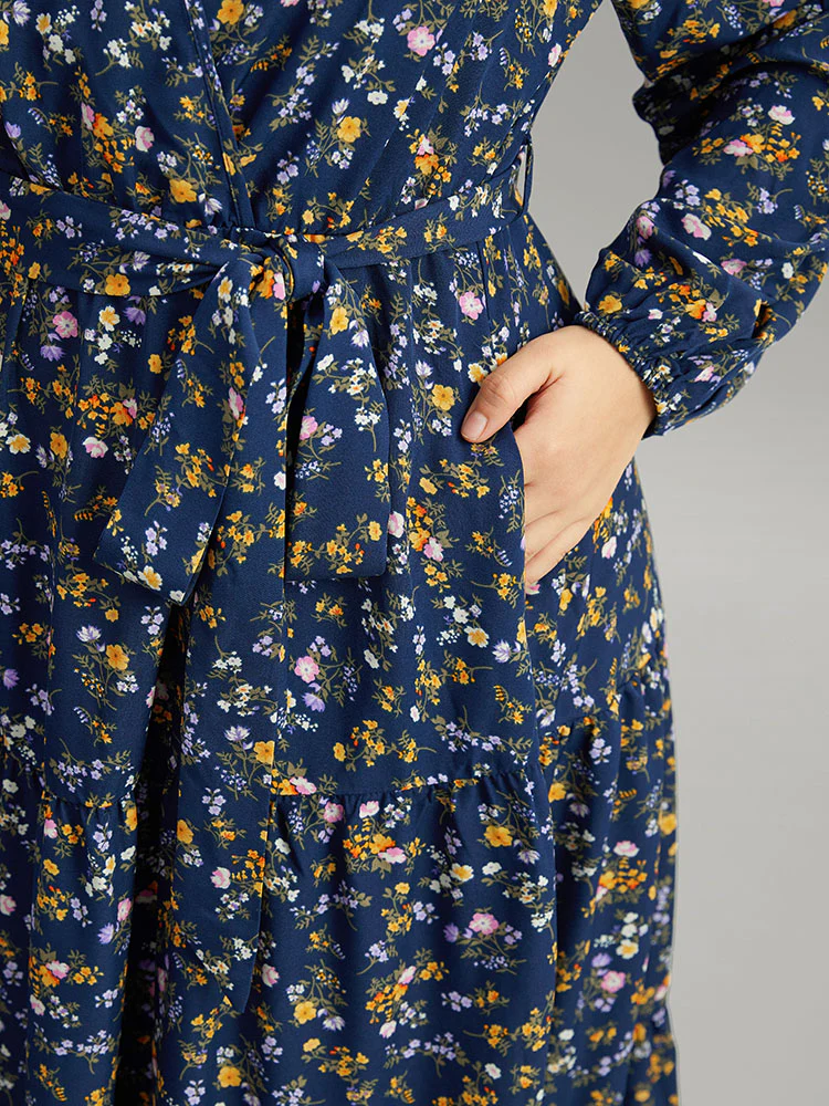 Ditsy Floral Elastic Cuffs Surplice Neck Dress - Image 6