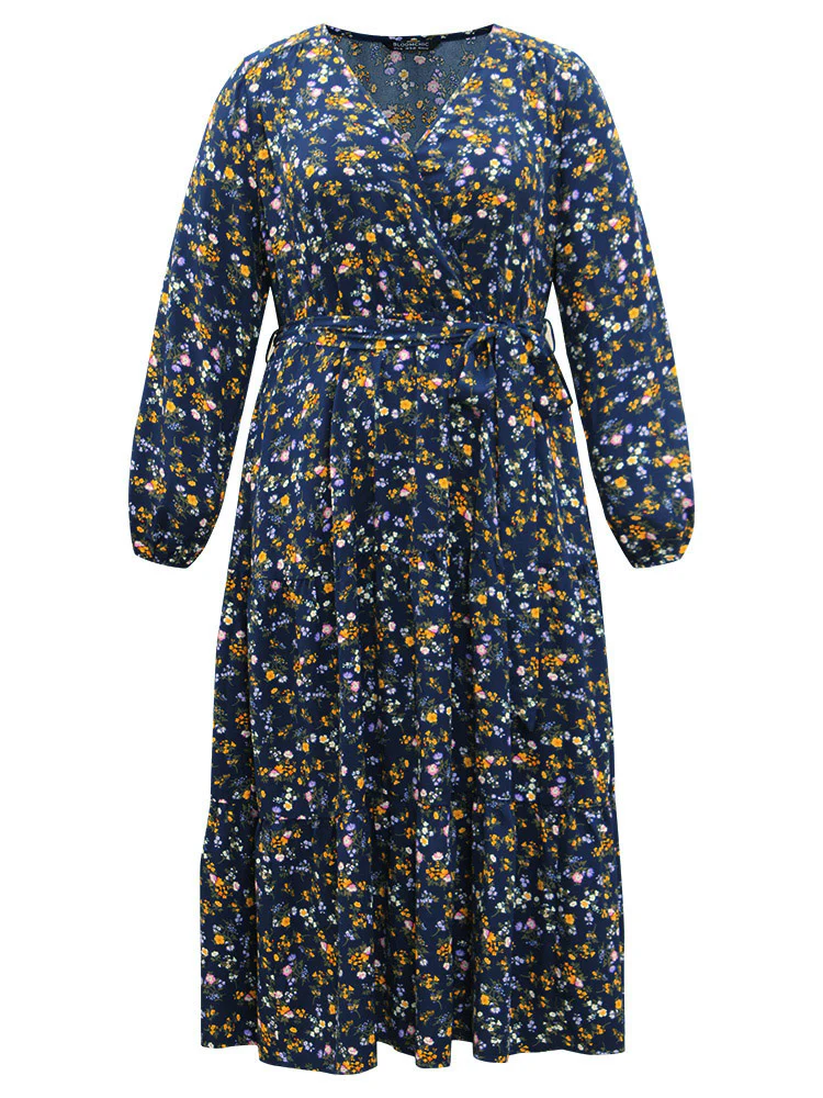 Ditsy Floral Elastic Cuffs Surplice Neck Dress - Image 7