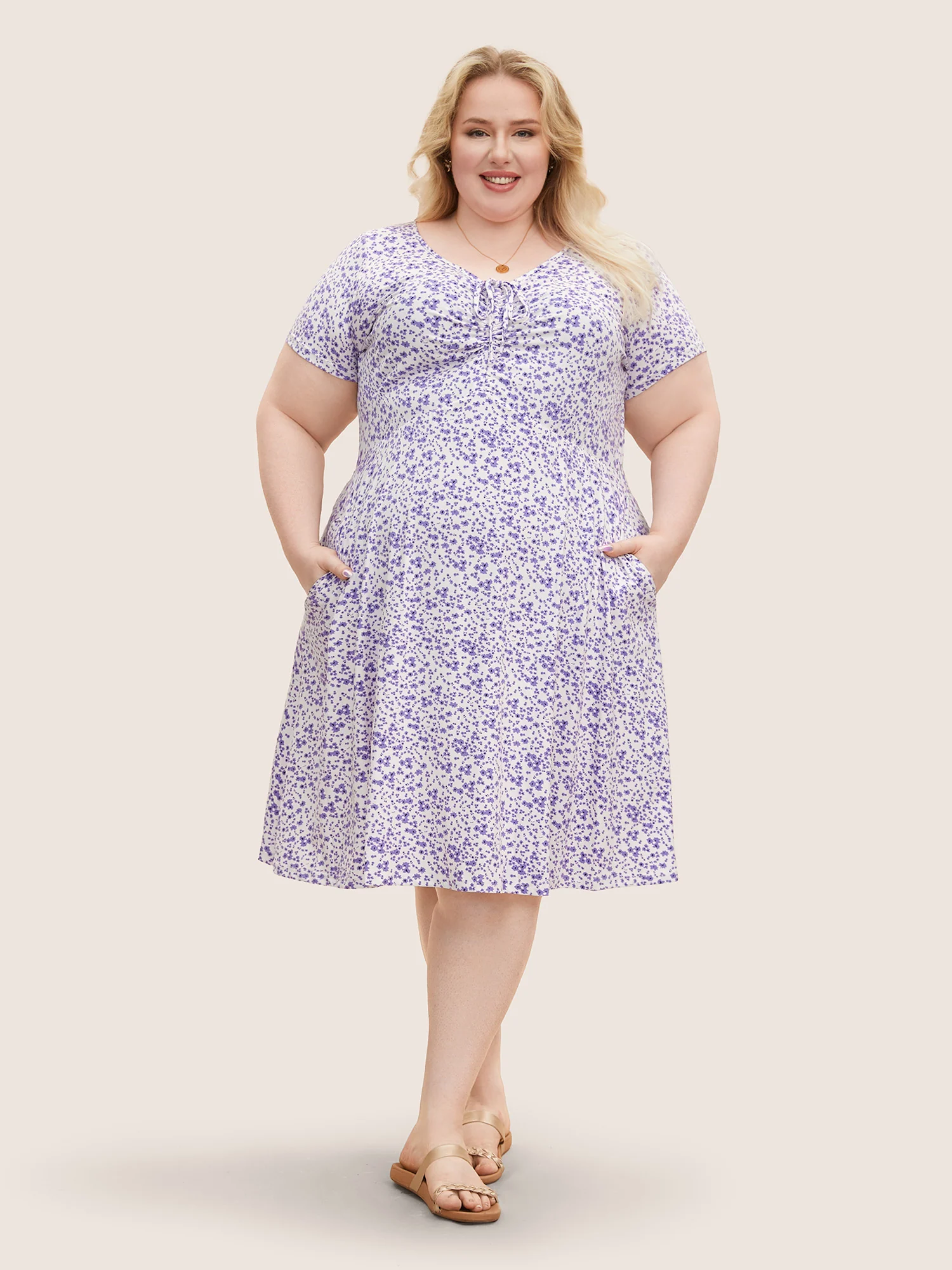 Ditsy Floral Elastic Waist Knot Drawstring Dress - Image 10