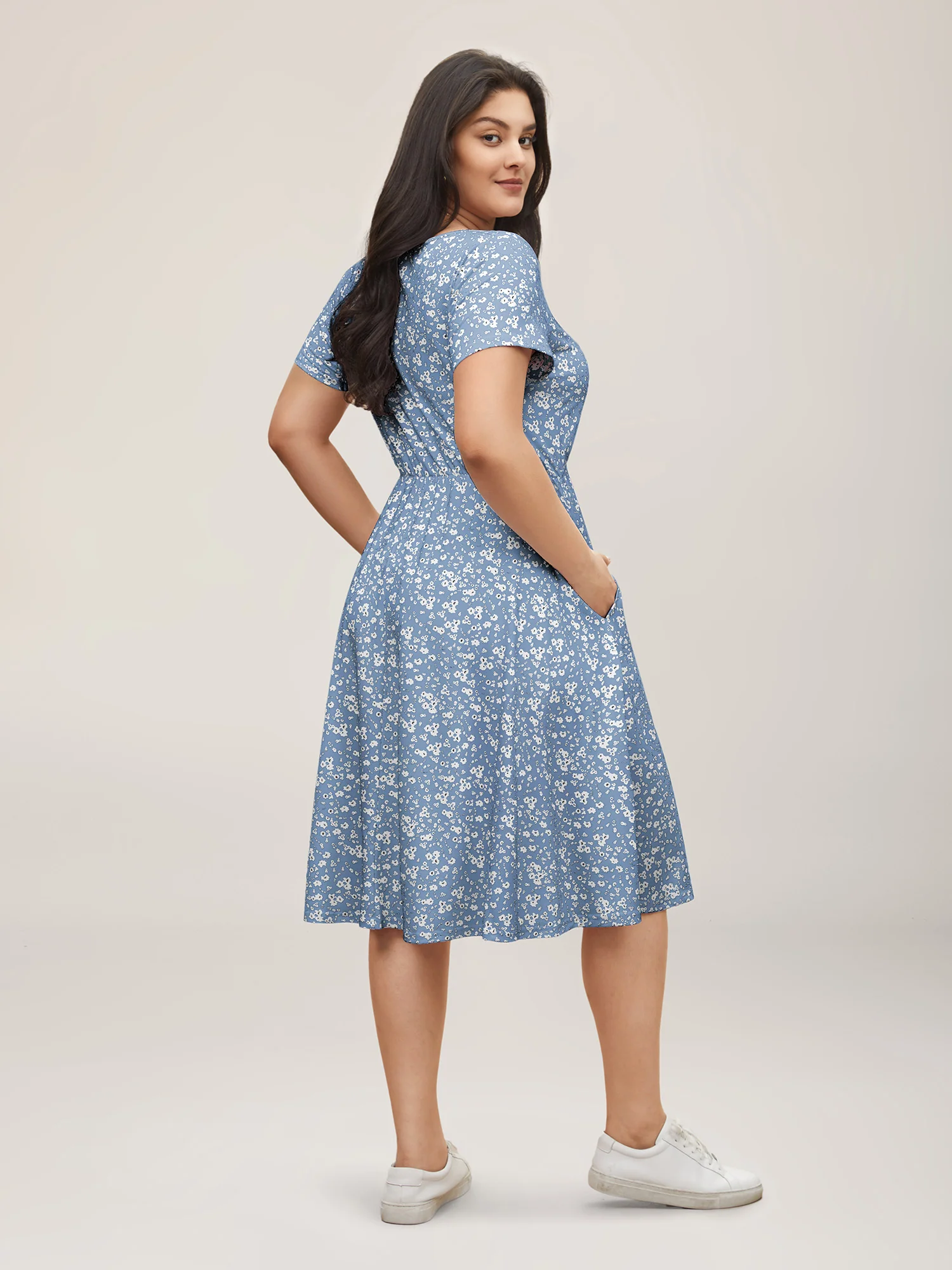 Ditsy Floral Elastic Waist Knot Drawstring Dress - Image 3