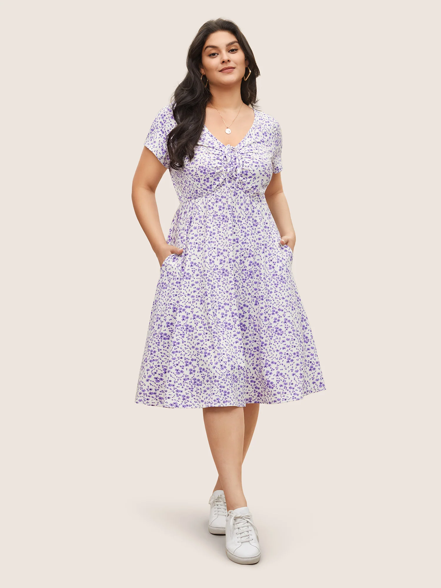 Ditsy Floral Elastic Waist Knot Drawstring Dress - Image 5
