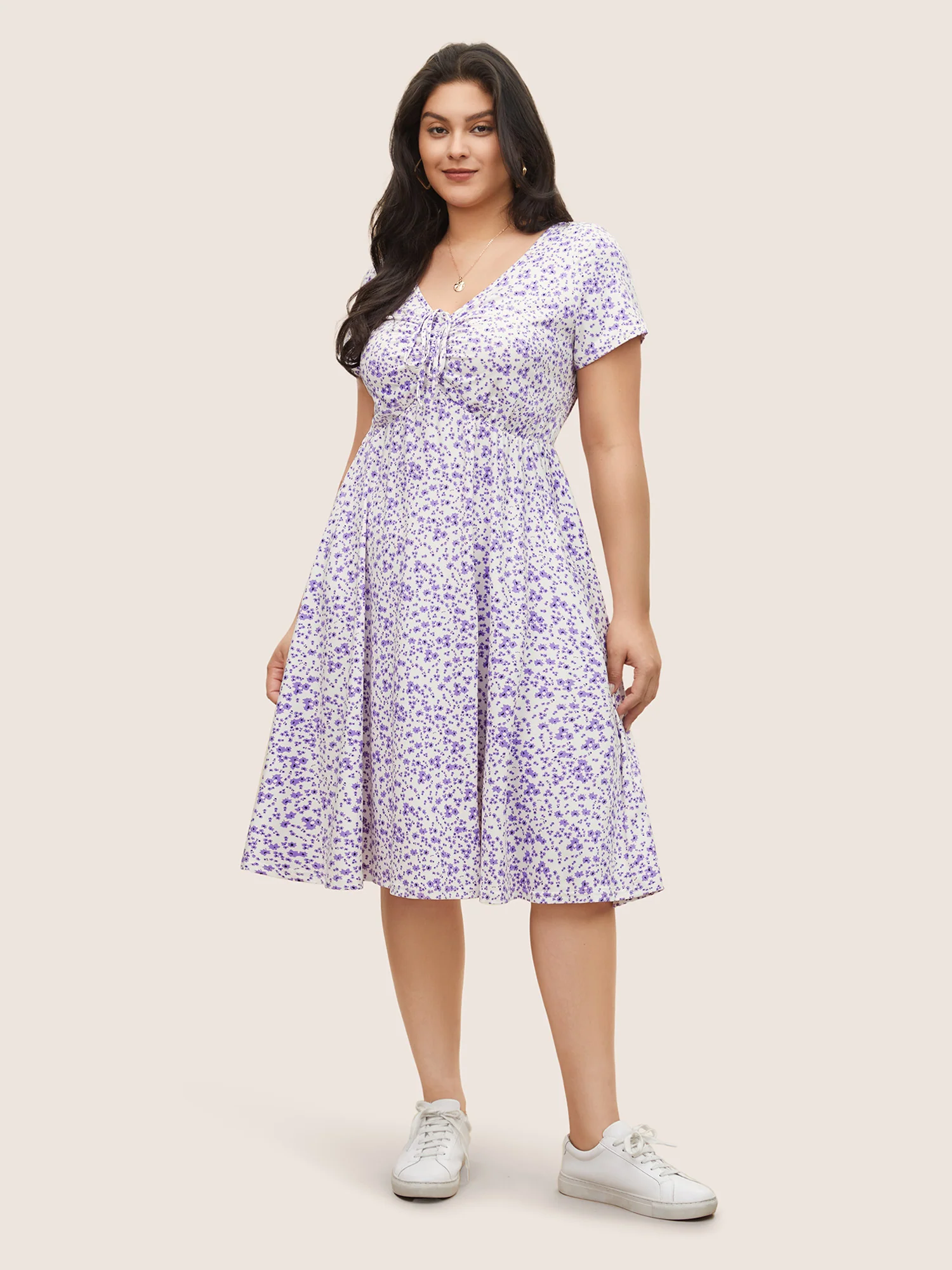 Ditsy Floral Elastic Waist Knot Drawstring Dress - Image 6