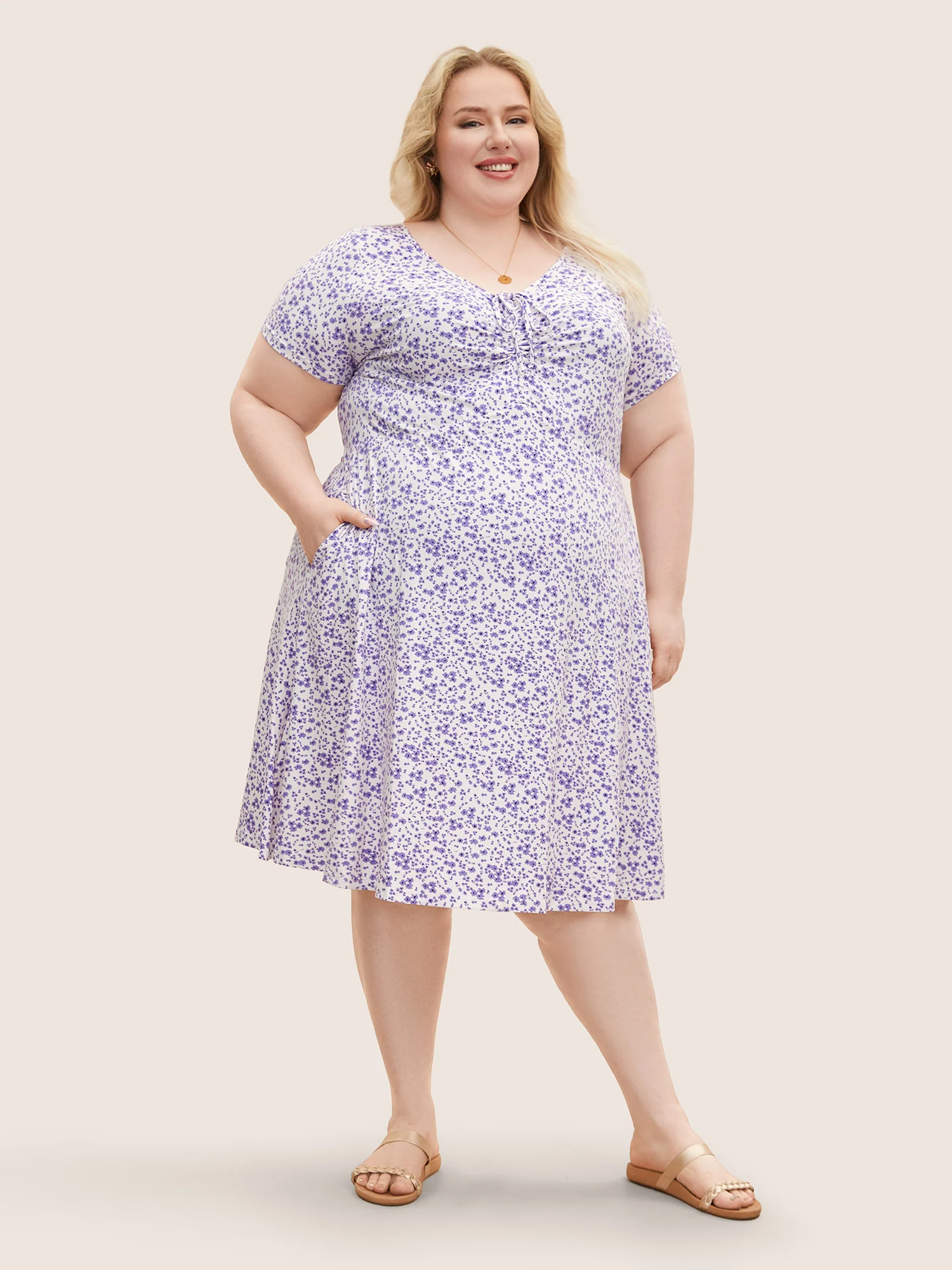 Ditsy Floral Elastic Waist Knot Drawstring Dress - Image 9