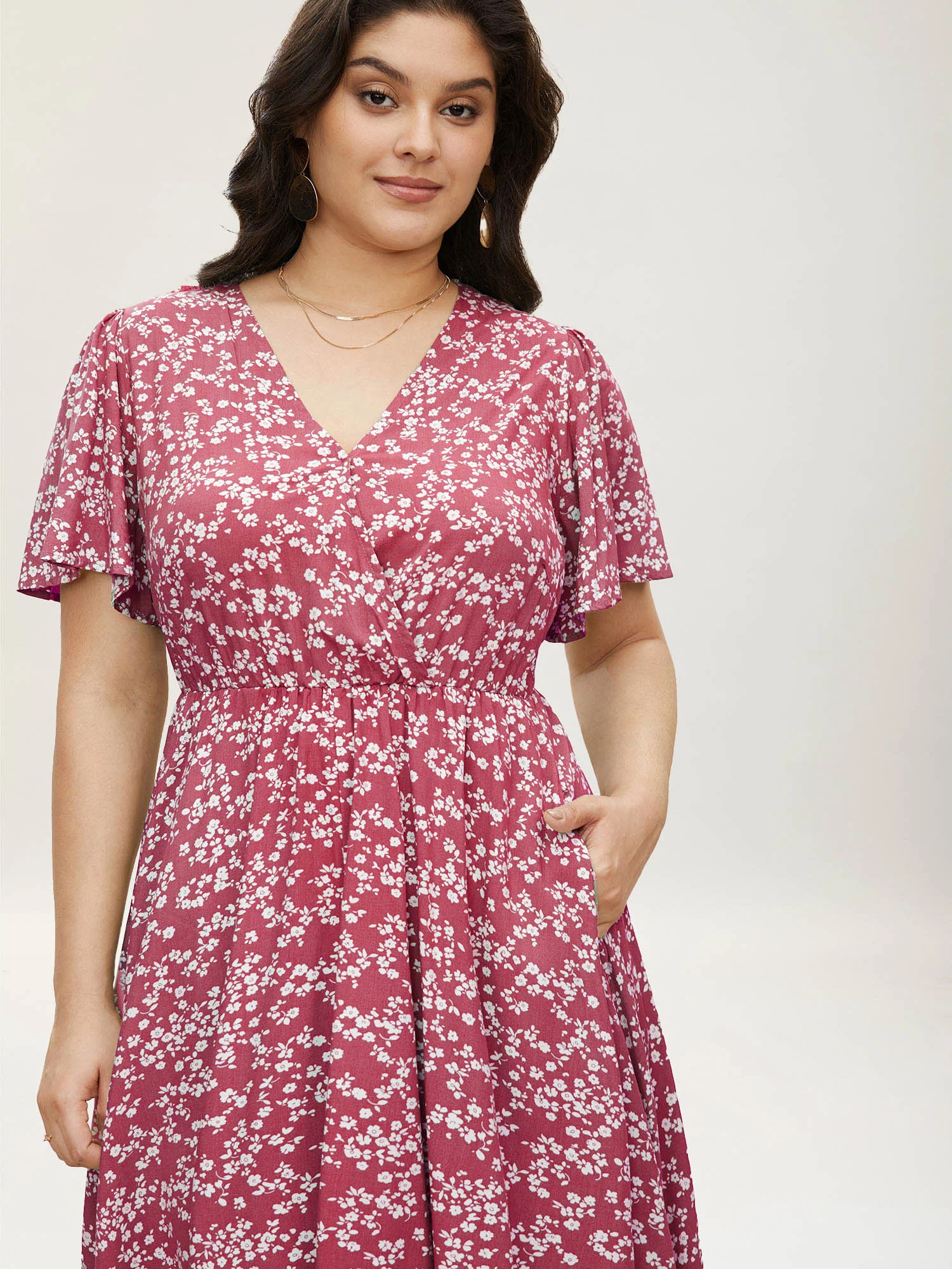 Bloom Dress - Ditsy Floral Elastic Waist Ruffles Pocket Knee Dress - Image 2