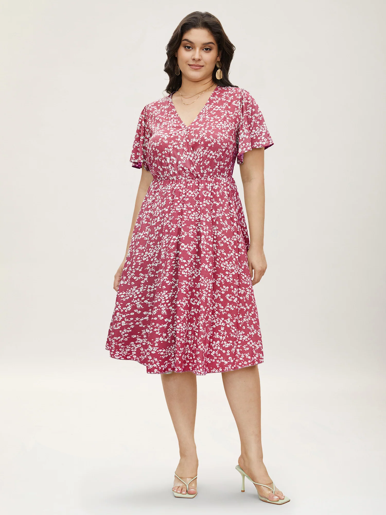 Bloom Dress - Ditsy Floral Elastic Waist Ruffles Pocket Knee Dress - Image 3