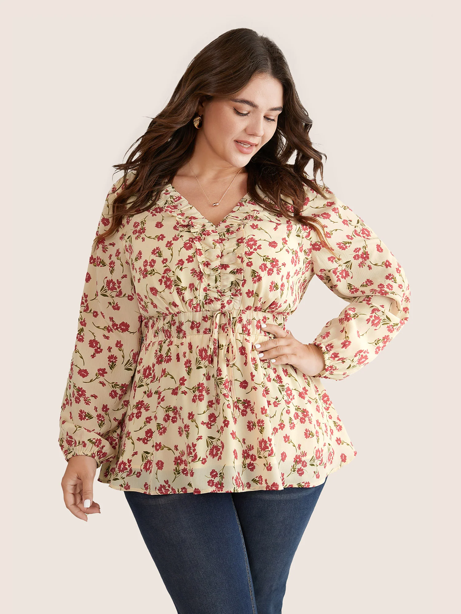 Ditsy Floral Elastic Waist Ties Ruffles Blouse - Image 2