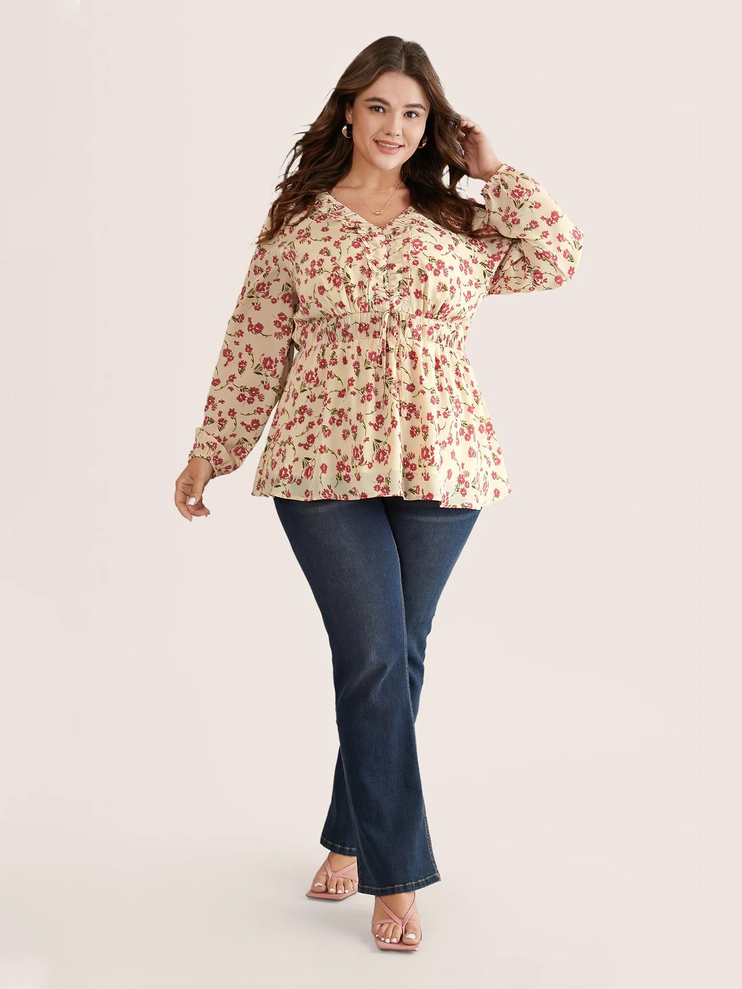 Ditsy Floral Elastic Waist Ties Ruffles Blouse - Image 3