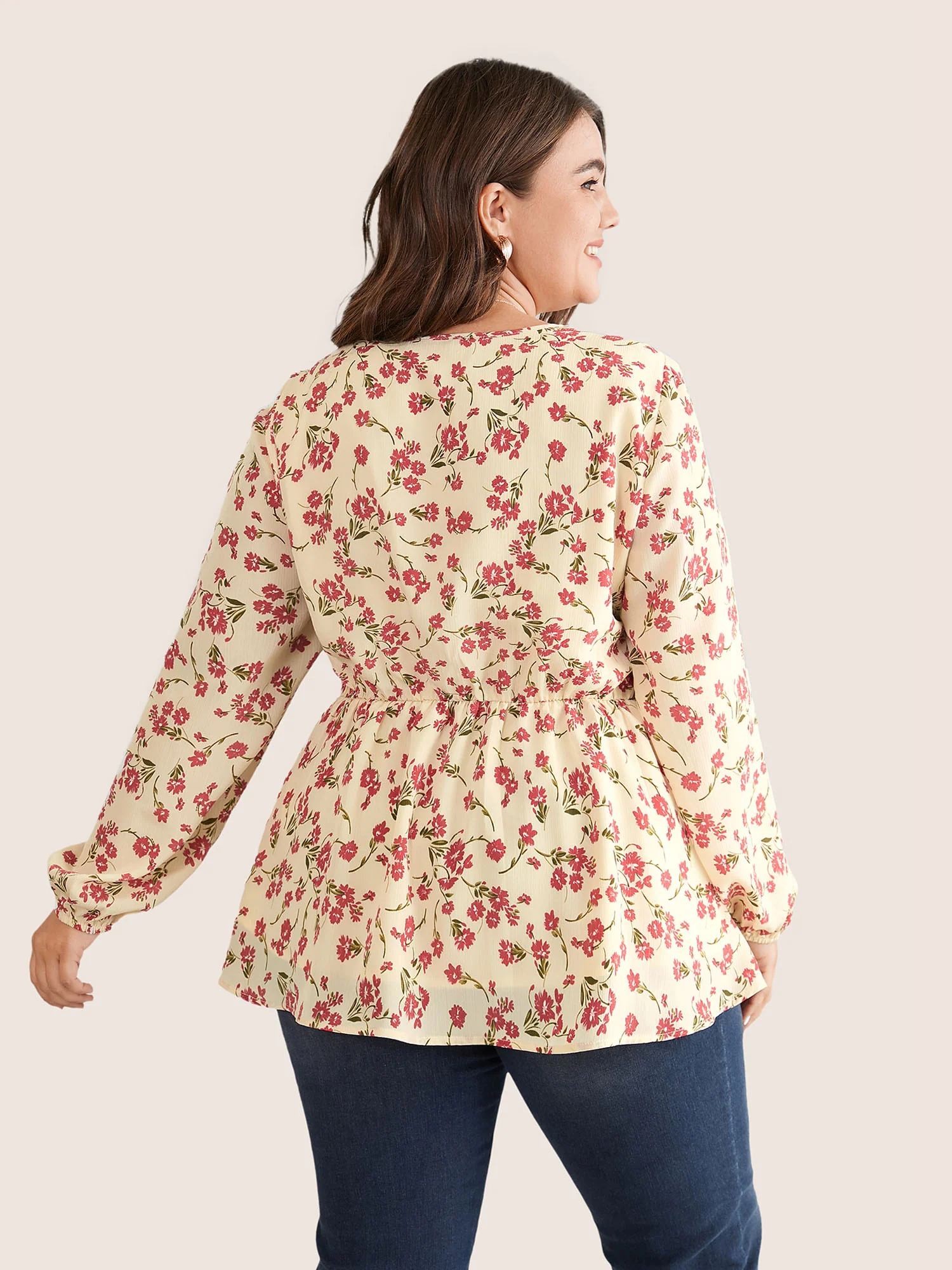 Ditsy Floral Elastic Waist Ties Ruffles Blouse - Image 5