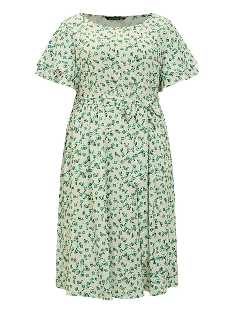 Ditsy Floral Flutter Sleeve Pocket Split Hem Belt Dress - Image 10
