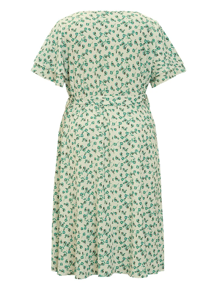 Ditsy Floral Flutter Sleeve Pocket Split Hem Belt Dress - Image 11