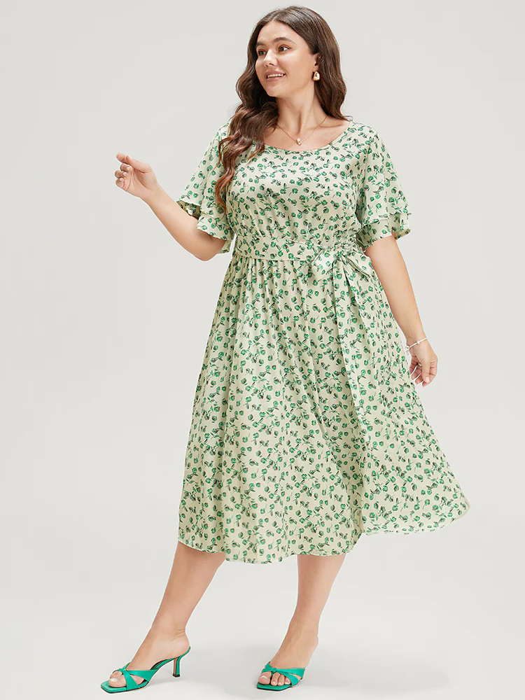 Ditsy Floral Flutter Sleeve Pocket Split Hem Belt Dress - Image 2