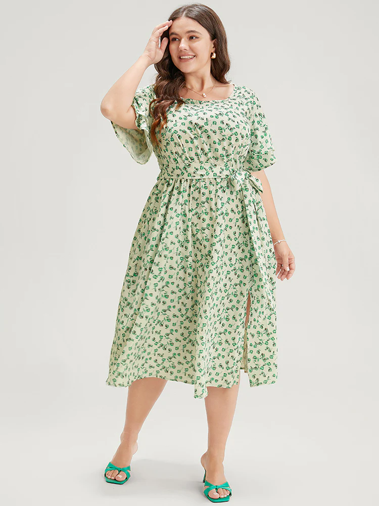 Ditsy Floral Flutter Sleeve Pocket Split Hem Belt Dress - Image 3