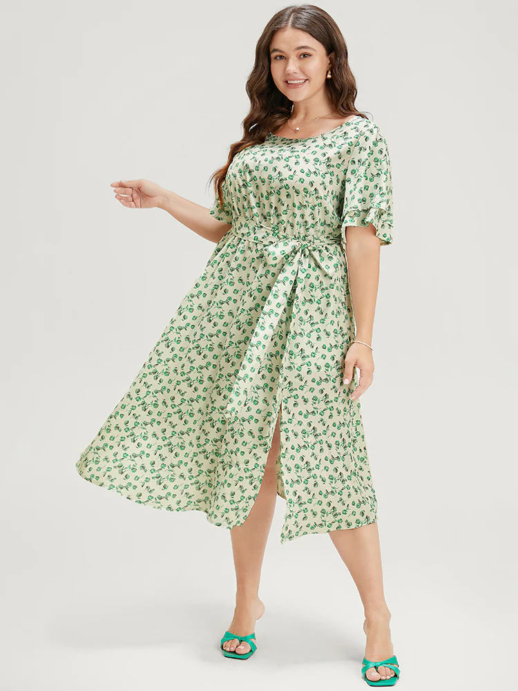 Ditsy Floral Flutter Sleeve Pocket Split Hem Belt Dress - Image 4