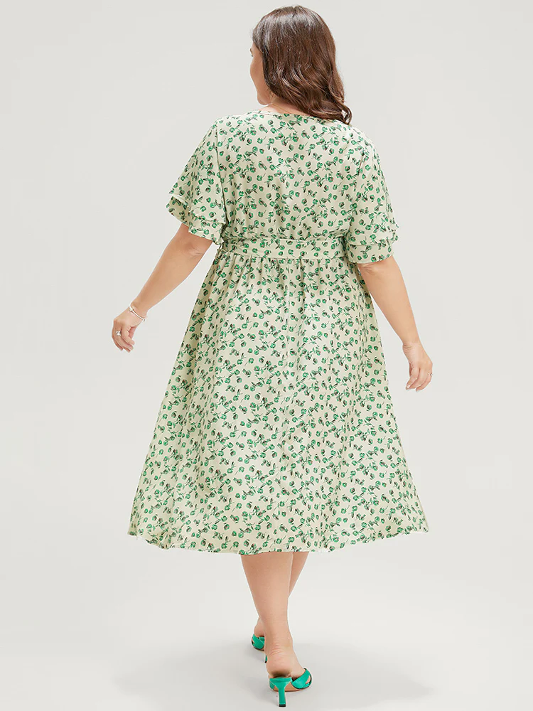 Ditsy Floral Flutter Sleeve Pocket Split Hem Belt Dress - Image 5