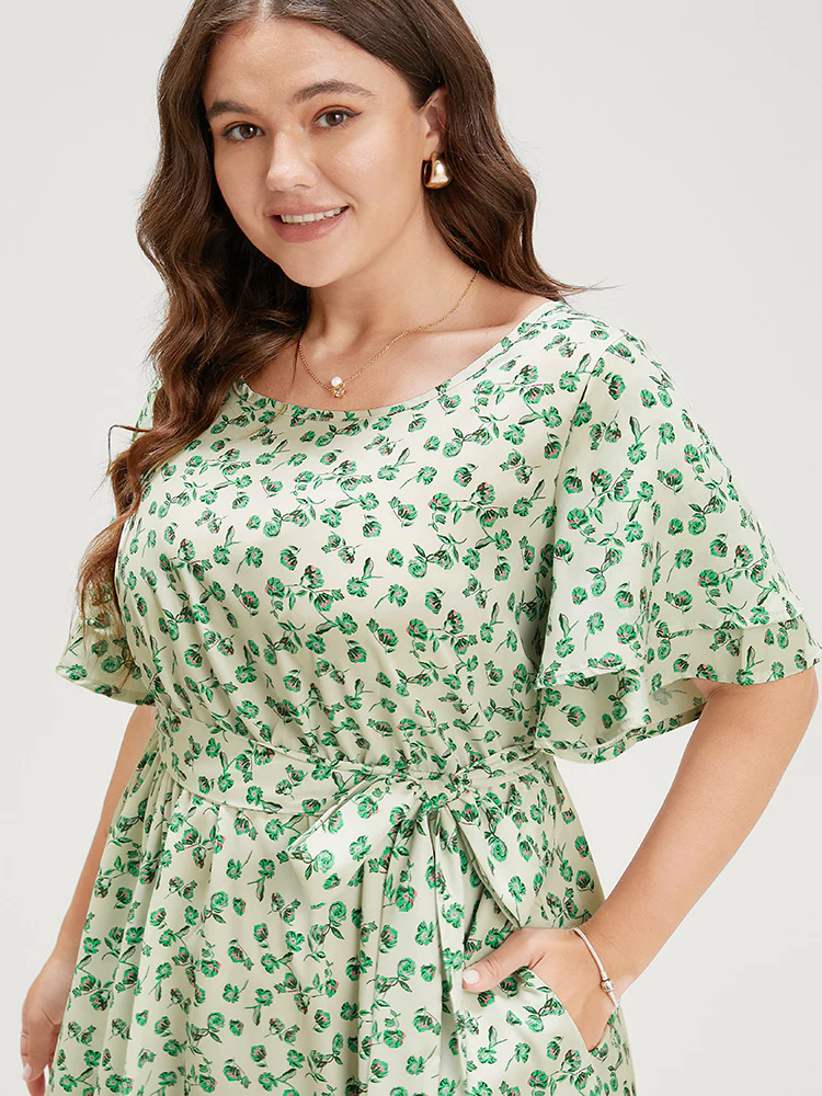 Ditsy Floral Flutter Sleeve Pocket Split Hem Belt Dress - Image 6