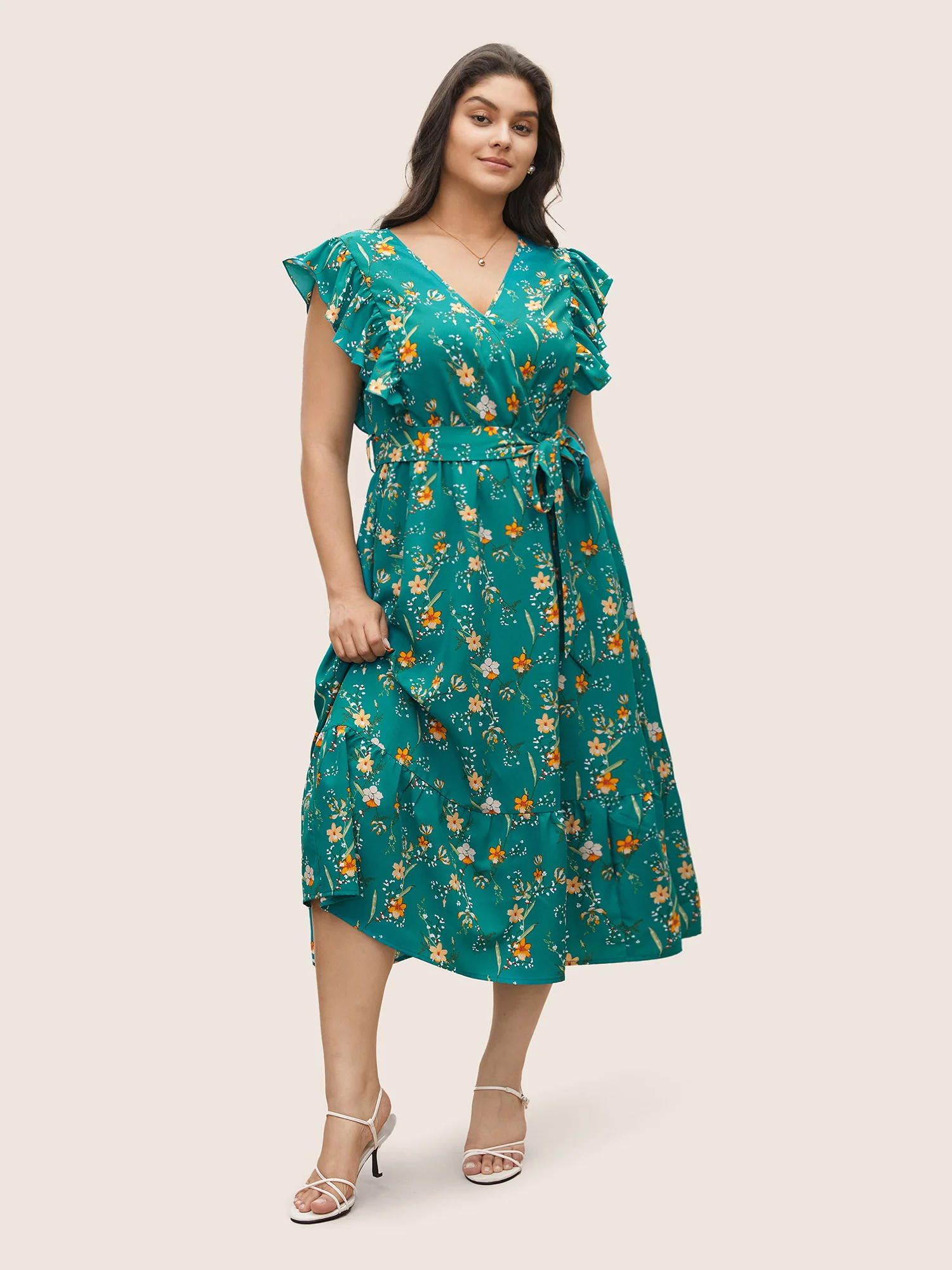 Ditsy Floral Flutter Trim Pocket Layered Hem Dress - Image 2