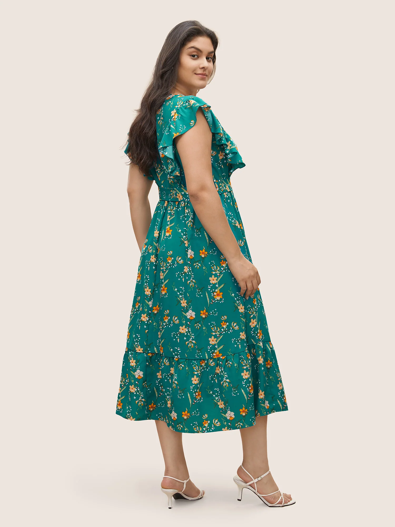 Ditsy Floral Flutter Trim Pocket Layered Hem Dress - Image 3
