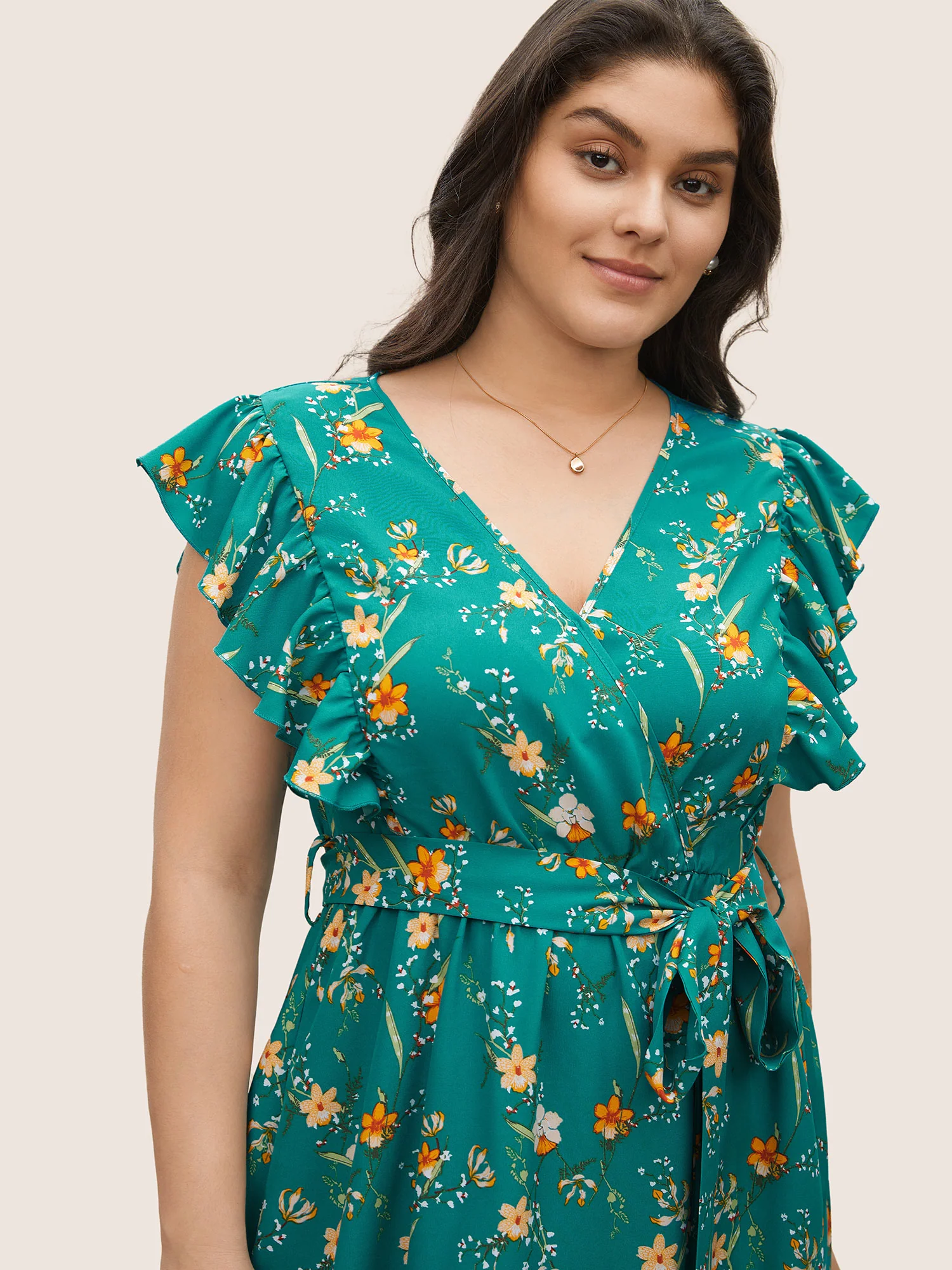Ditsy Floral Flutter Trim Pocket Layered Hem Dress - Image 4