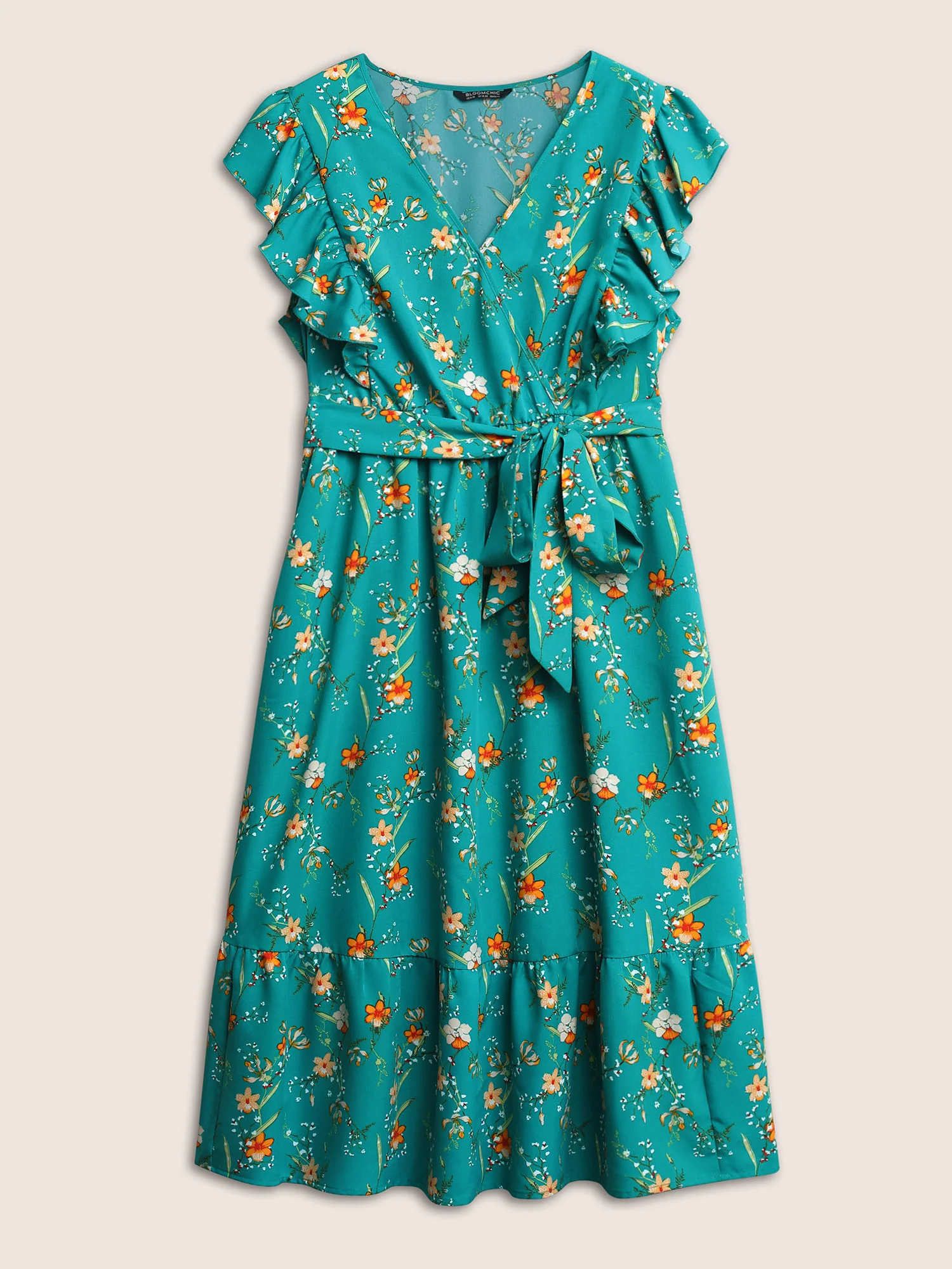 Ditsy Floral Flutter Trim Pocket Layered Hem Dress - Image 7