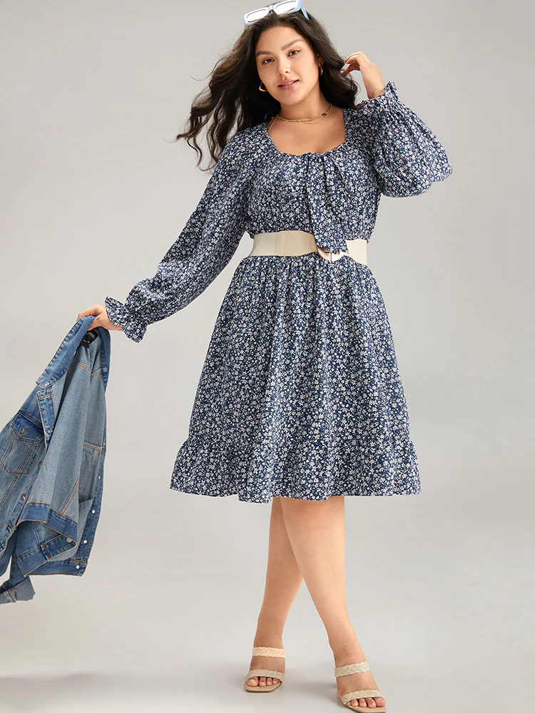 Ditsy Floral Flutter Trim Shirred Knot Neck Dress - Image 2