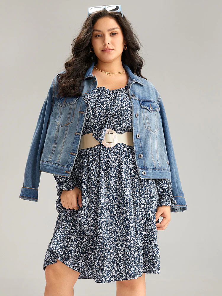 Ditsy Floral Flutter Trim Shirred Knot Neck Dress - Image 3