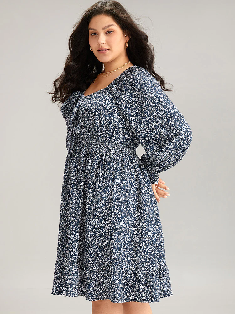 Ditsy Floral Flutter Trim Shirred Knot Neck Dress - Image 5