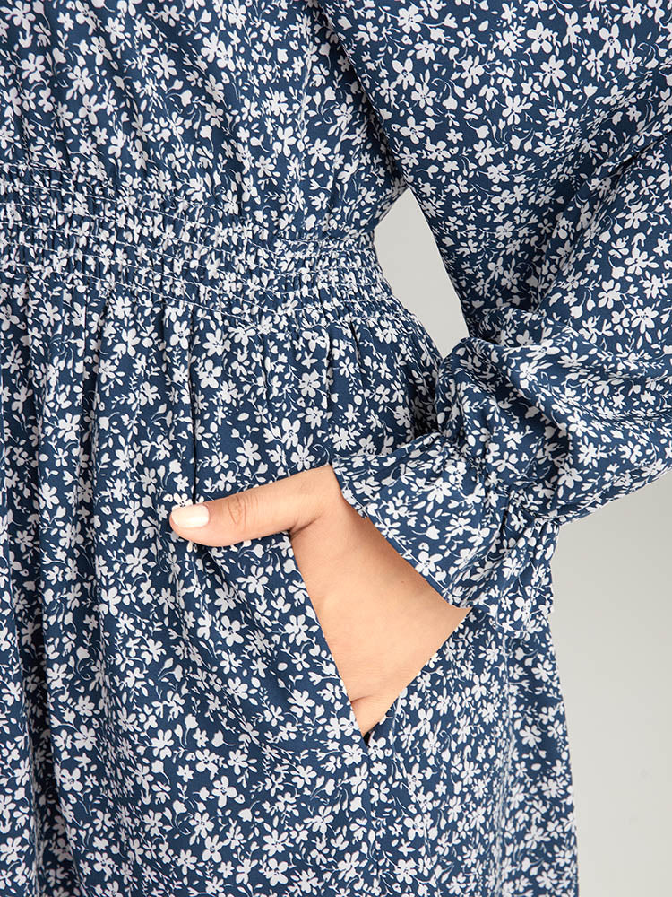 Ditsy Floral Flutter Trim Shirred Knot Neck Dress - Image 8