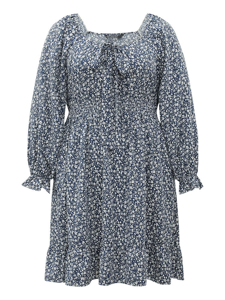 Ditsy Floral Flutter Trim Shirred Knot Neck Dress - Image 9
