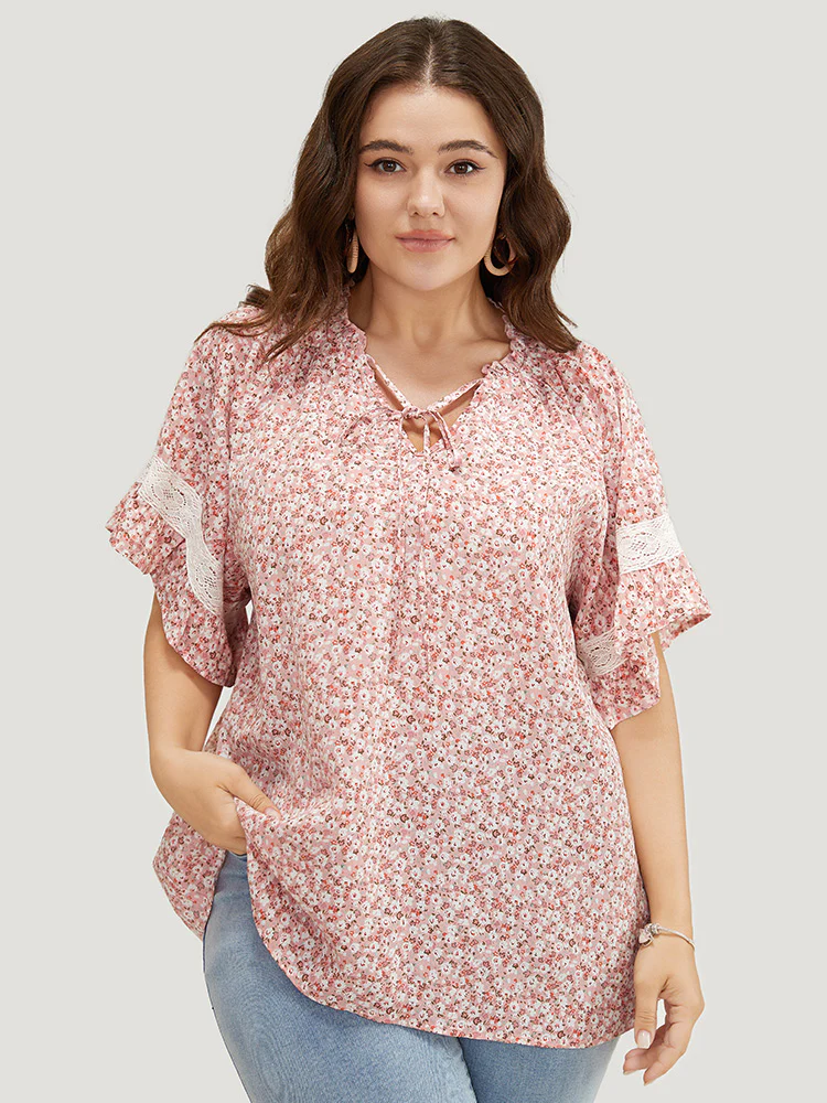 Ditsy Floral Frill Trim Lace Ruffle Sleeve Tie Neck Blouse - Image 10