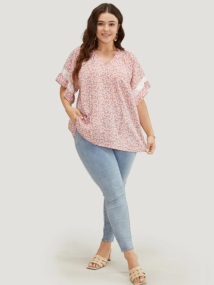 Ditsy Floral Frill Trim Lace Ruffle Sleeve Tie Neck Blouse - Image 11