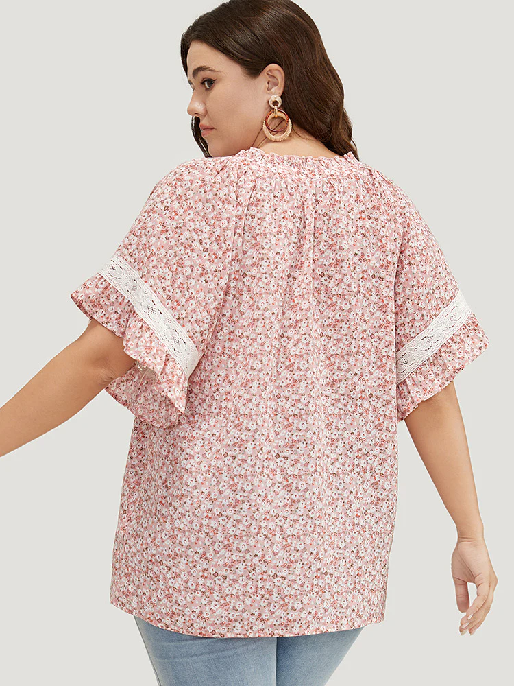 Ditsy Floral Frill Trim Lace Ruffle Sleeve Tie Neck Blouse - Image 12