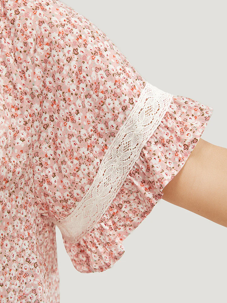 Ditsy Floral Frill Trim Lace Ruffle Sleeve Tie Neck Blouse - Image 13