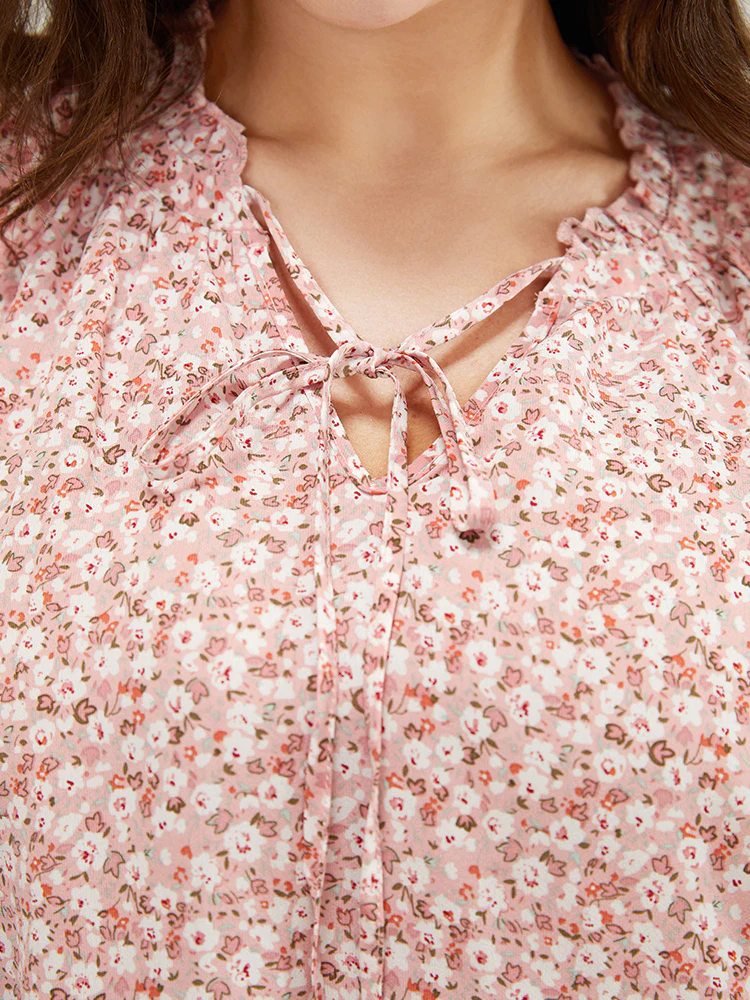 Ditsy Floral Frill Trim Lace Ruffle Sleeve Tie Neck Blouse - Image 14