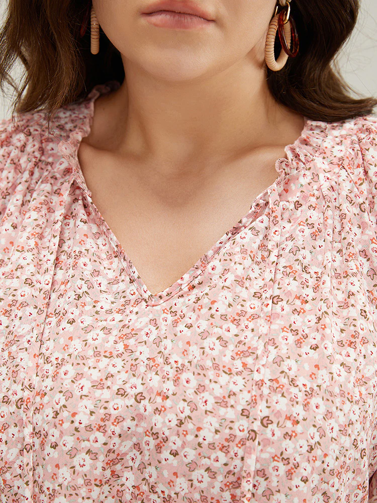 Ditsy Floral Frill Trim Lace Ruffle Sleeve Tie Neck Blouse - Image 15