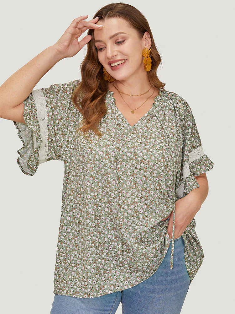Ditsy Floral Frill Trim Lace Ruffle Sleeve Tie Neck Blouse - Image 16