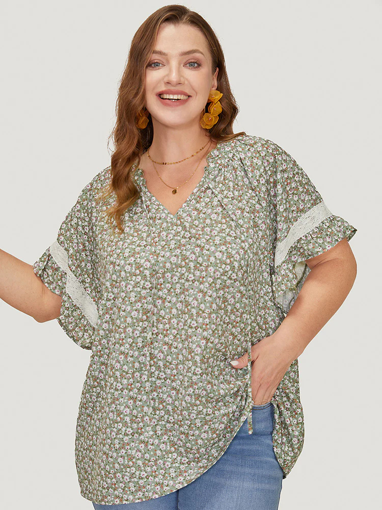 Ditsy Floral Frill Trim Lace Ruffle Sleeve Tie Neck Blouse - Image 17