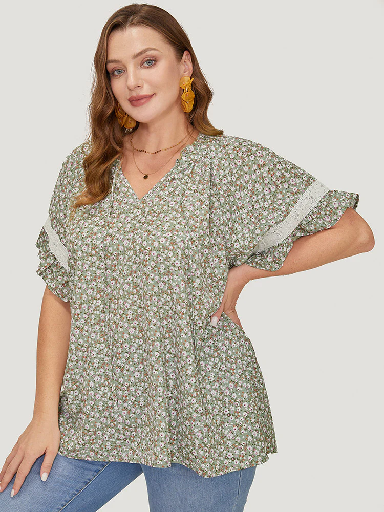 Ditsy Floral Frill Trim Lace Ruffle Sleeve Tie Neck Blouse - Image 19