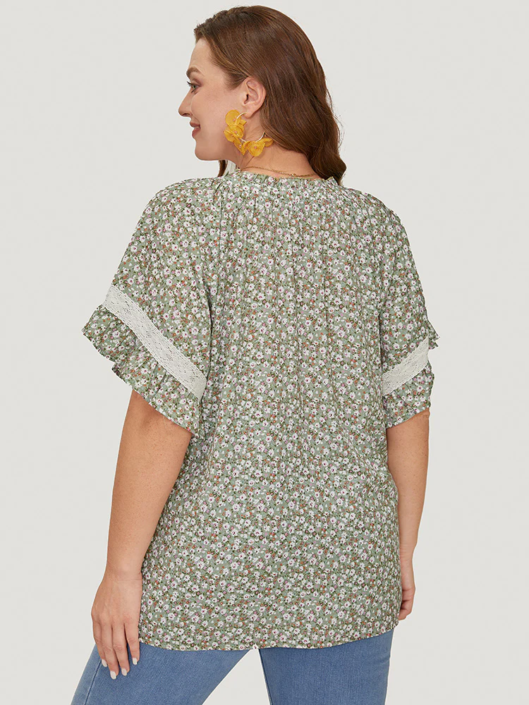 Ditsy Floral Frill Trim Lace Ruffle Sleeve Tie Neck Blouse - Image 20