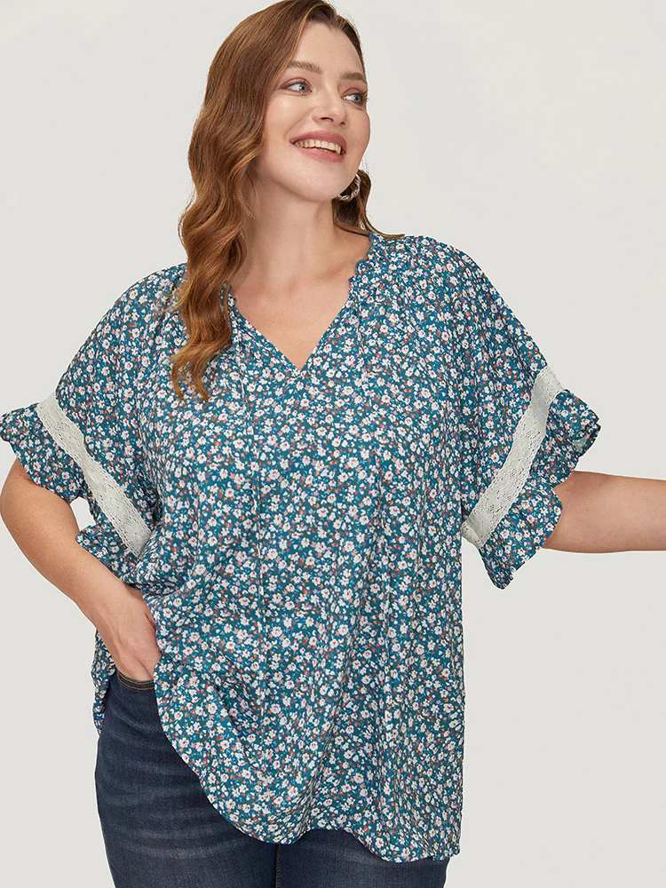 Ditsy Floral Frill Trim Lace Ruffle Sleeve Tie Neck Blouse - Image 3