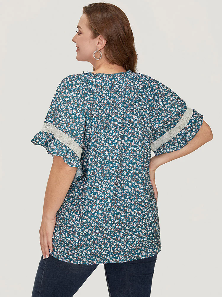 Ditsy Floral Frill Trim Lace Ruffle Sleeve Tie Neck Blouse - Image 5