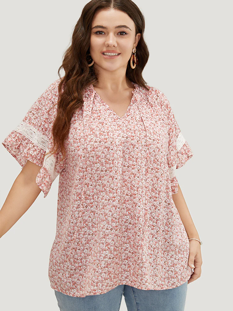 Ditsy Floral Frill Trim Lace Ruffle Sleeve Tie Neck Blouse - Image 6