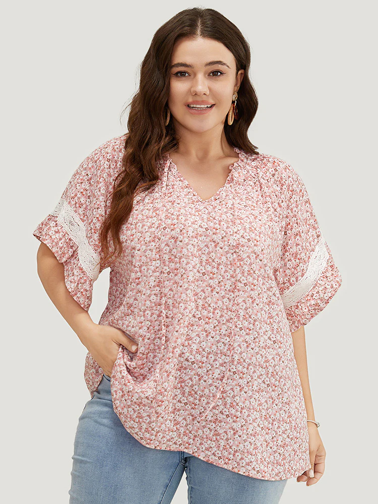 Ditsy Floral Frill Trim Lace Ruffle Sleeve Tie Neck Blouse - Image 7