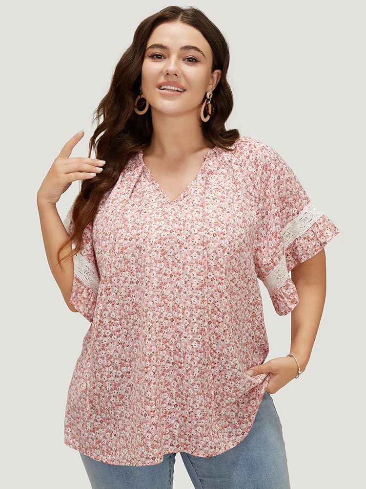 Ditsy Floral Frill Trim Lace Ruffle Sleeve Tie Neck Blouse - Image 8
