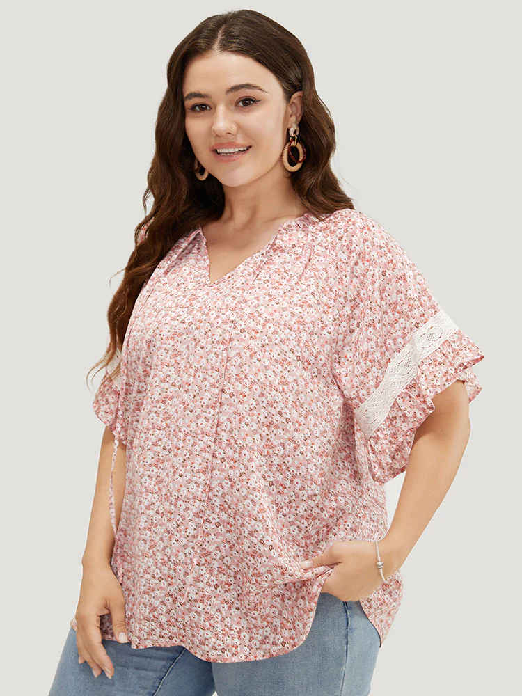Ditsy Floral Frill Trim Lace Ruffle Sleeve Tie Neck Blouse - Image 9
