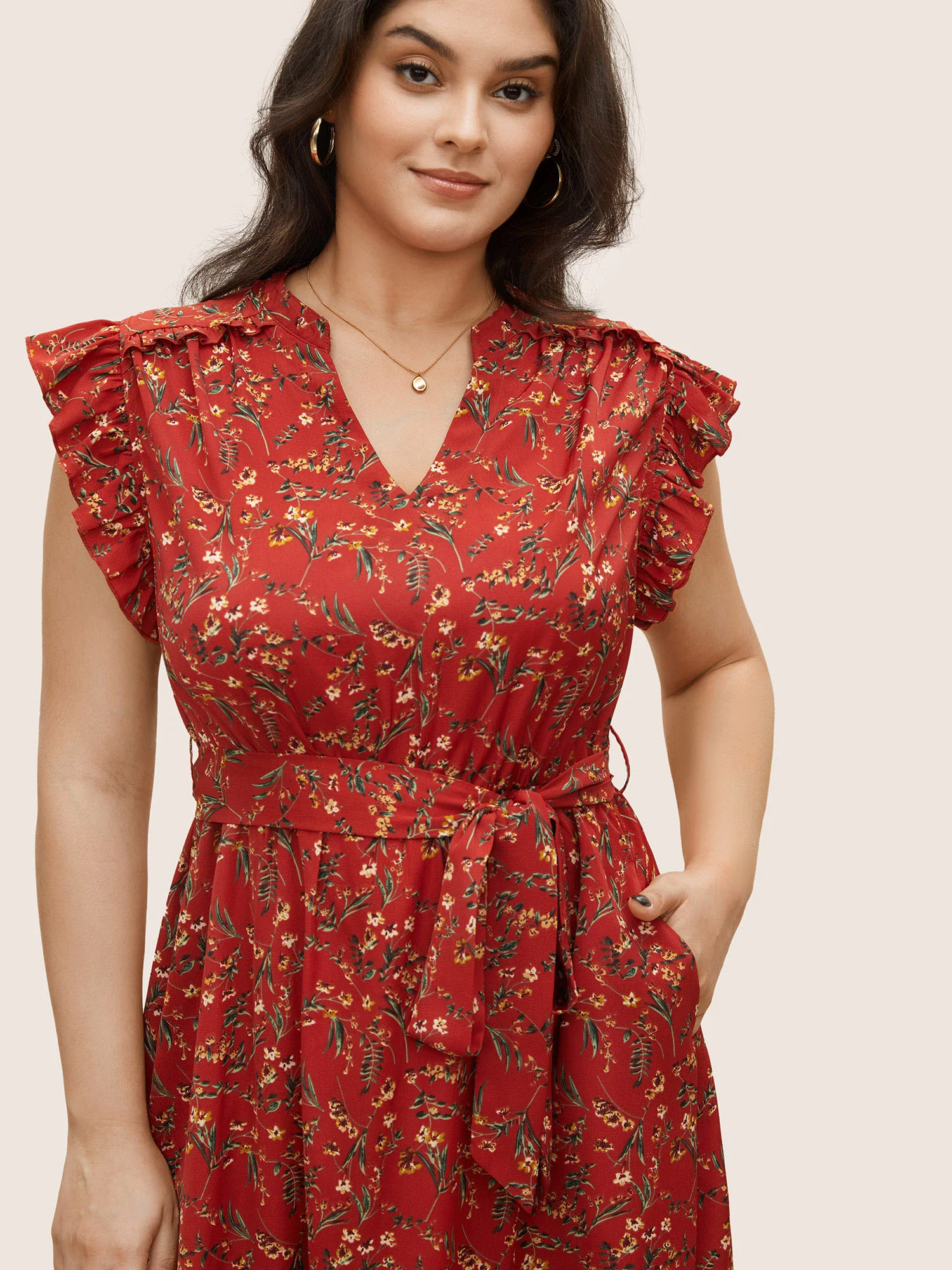 Floral Print Frill Notched Flutter Sleeve Dress - Image 2
